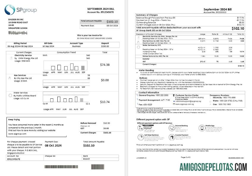 imprimível Modelo de conta de serviços públicos do Grupo Singapura SP em formatos Word e PDF (2 páginas)